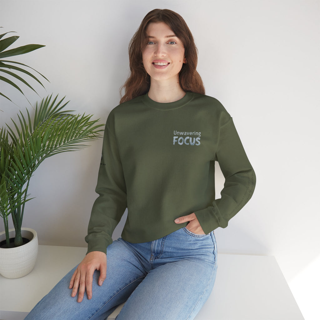 “Unwavering Focus” Crewneck Sweatshirt- Sleeve Print Affirmation
