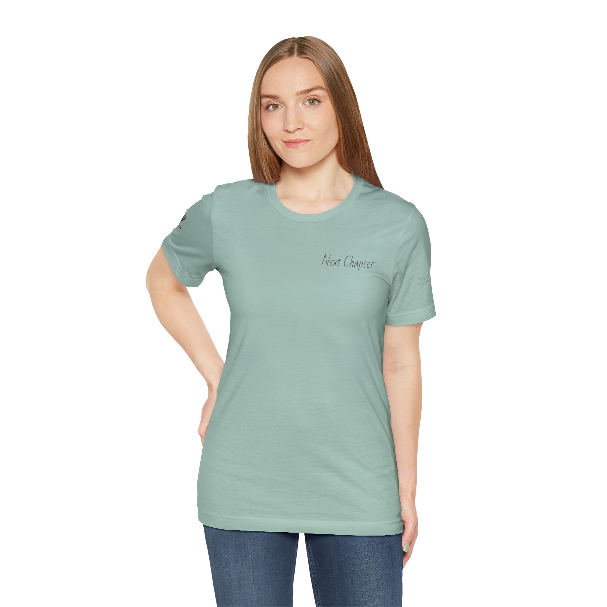 Next Chapter affirmation tee | Graphic open book back, inspirational sleeve text