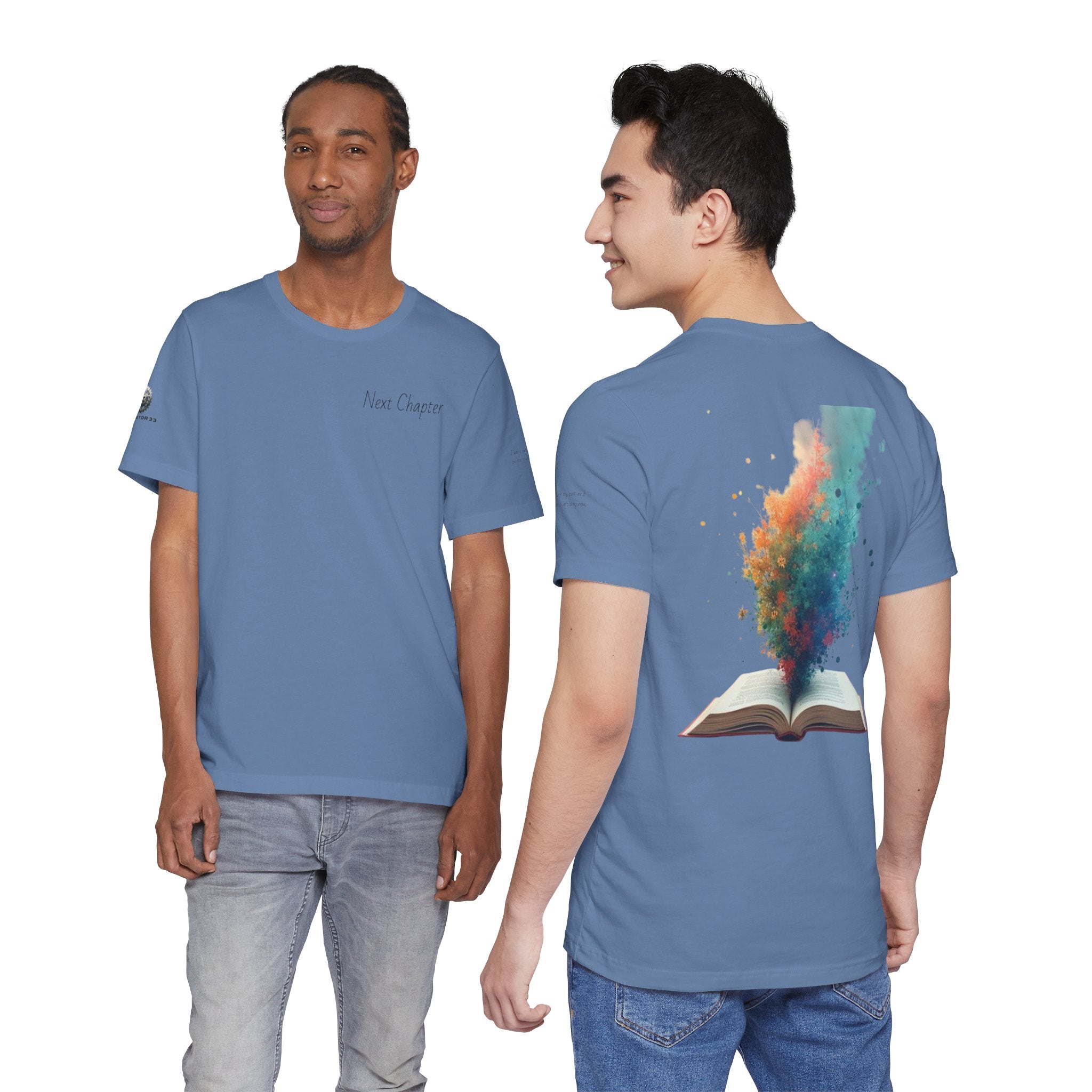 Next Chapter affirmation tee | Graphic open book back, inspirational sleeve text