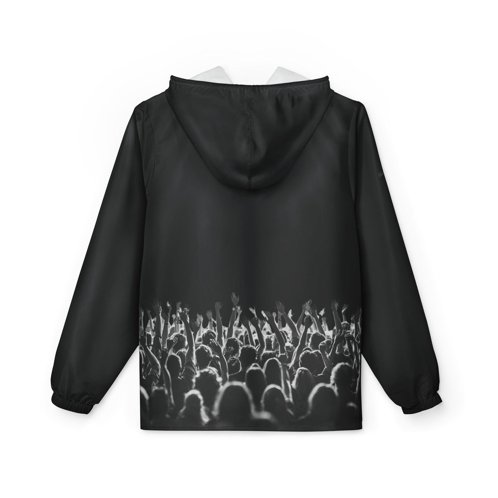 Black Graphic Debut Windbreaker Jacket — Elevator33 Logo, Cheering Crowd Back Print