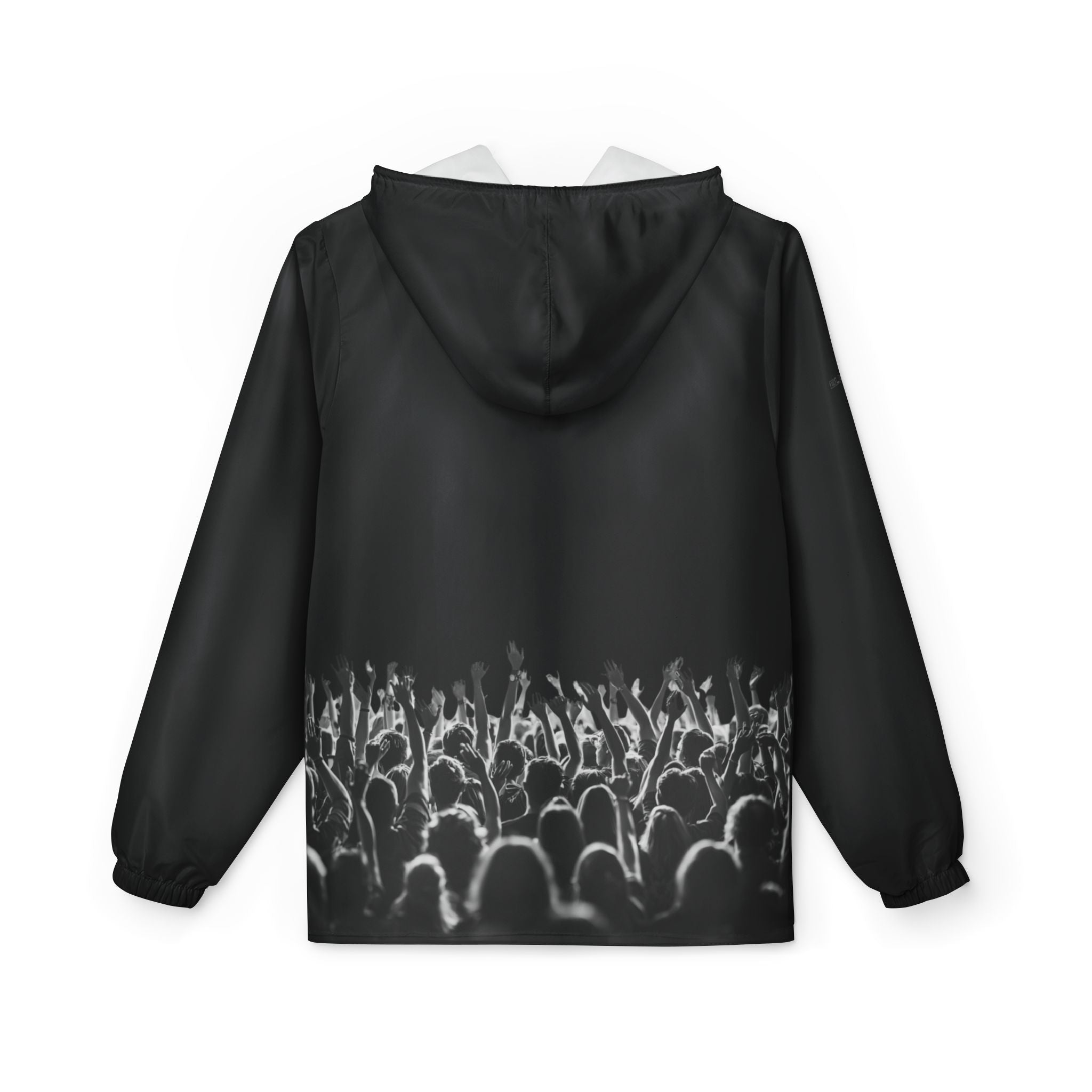 Black Graphic Debut Windbreaker Jacket — Elevator33 Logo, Cheering Crowd Back Print