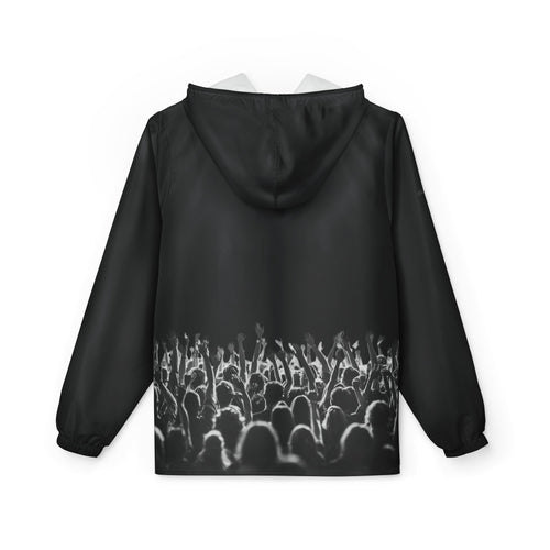 Black Graphic Debut Windbreaker Jacket — Elevator33 Logo, Cheering Crowd Back Print