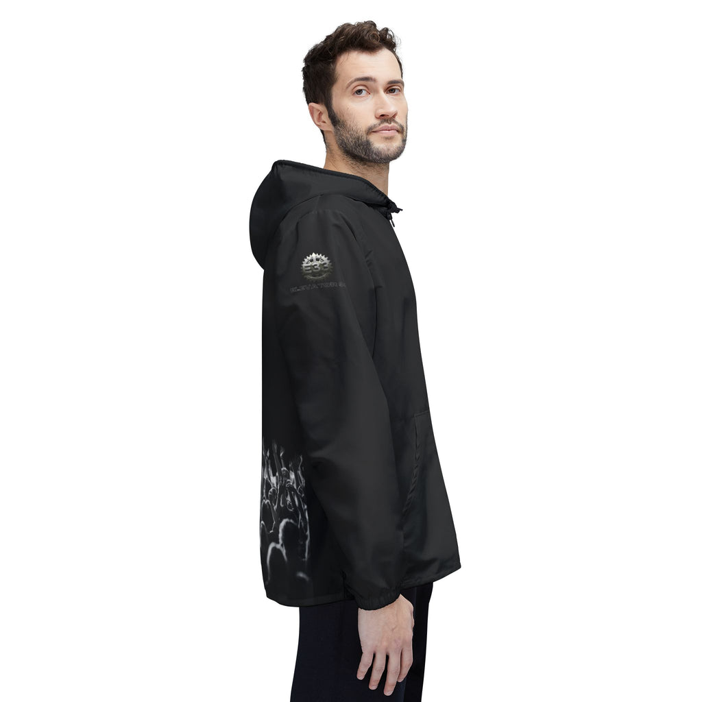 Black Graphic Debut Windbreaker Jacket — Elevator33 Logo, Cheering Crowd Back Print