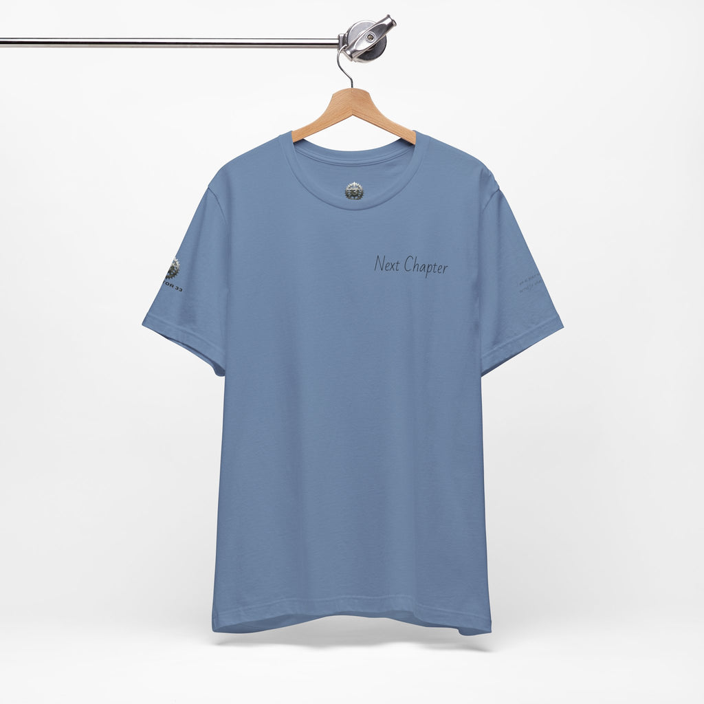 Next Chapter affirmation tee | Graphic open book back, inspirational sleeve text