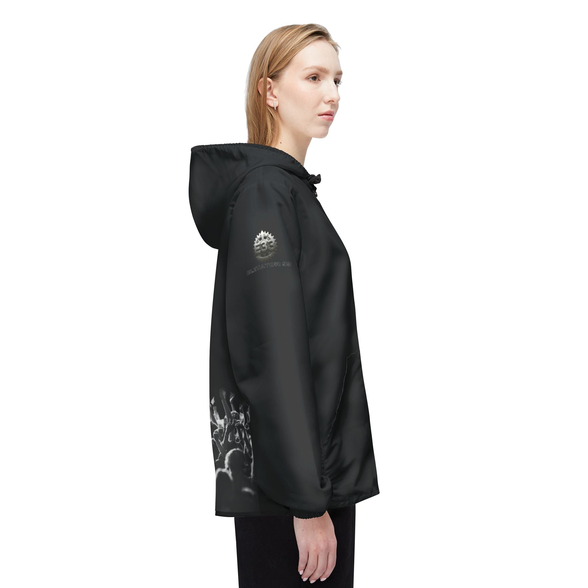Black Graphic Debut Windbreaker Jacket — Elevator33 Logo, Cheering Crowd Back Print