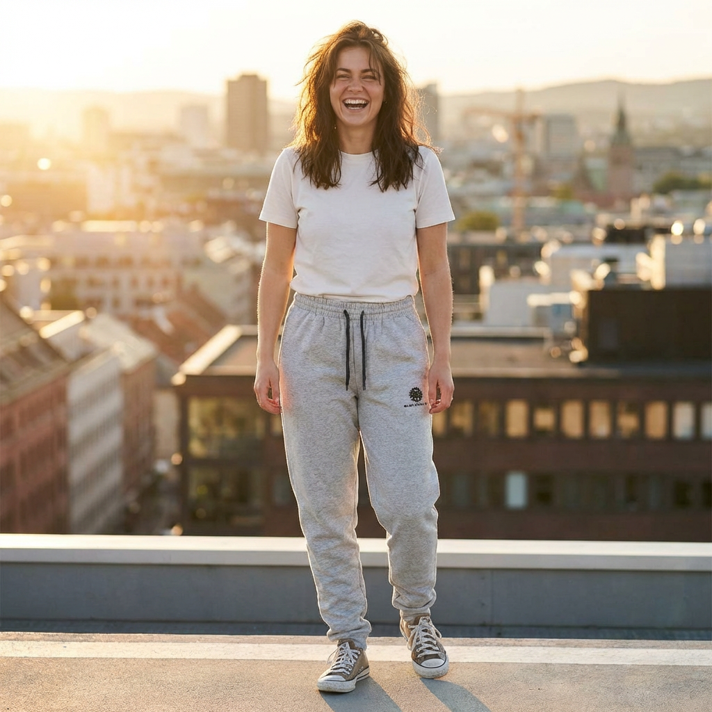Embroidered Tree Logo Joggers — Cozy Grey Sweatpants with Small Chest Stitching