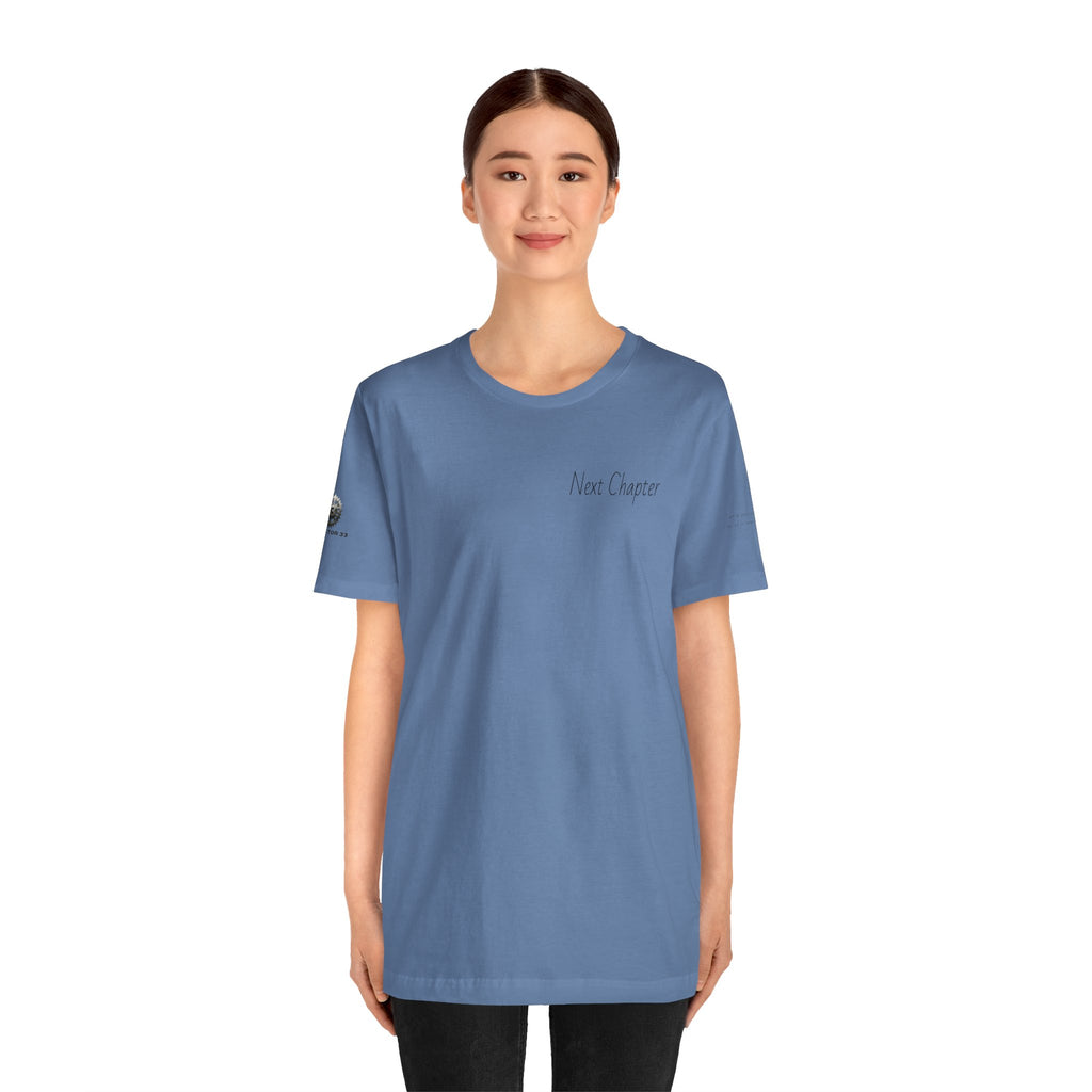 Next Chapter affirmation tee | Graphic open book back, inspirational sleeve text