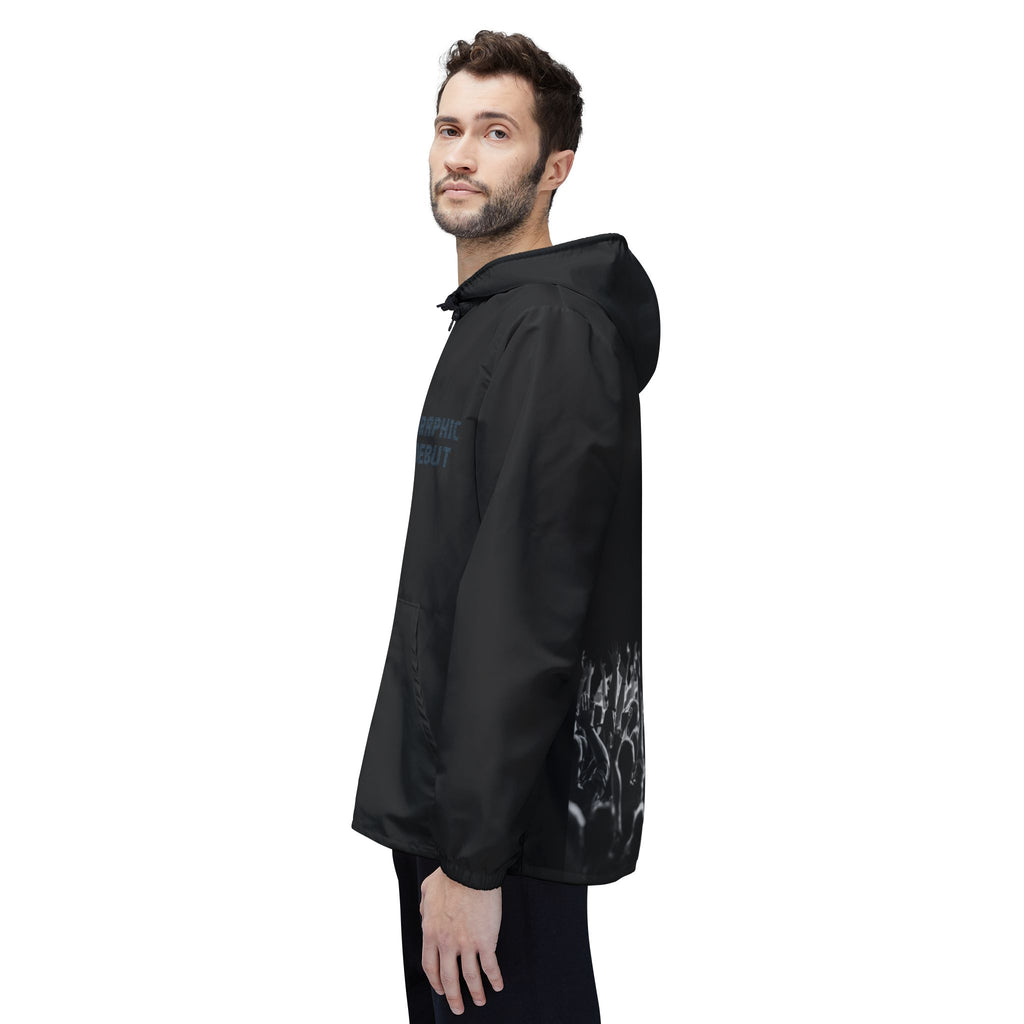 Black Graphic Debut Windbreaker Jacket — Elevator33 Logo, Cheering Crowd Back Print