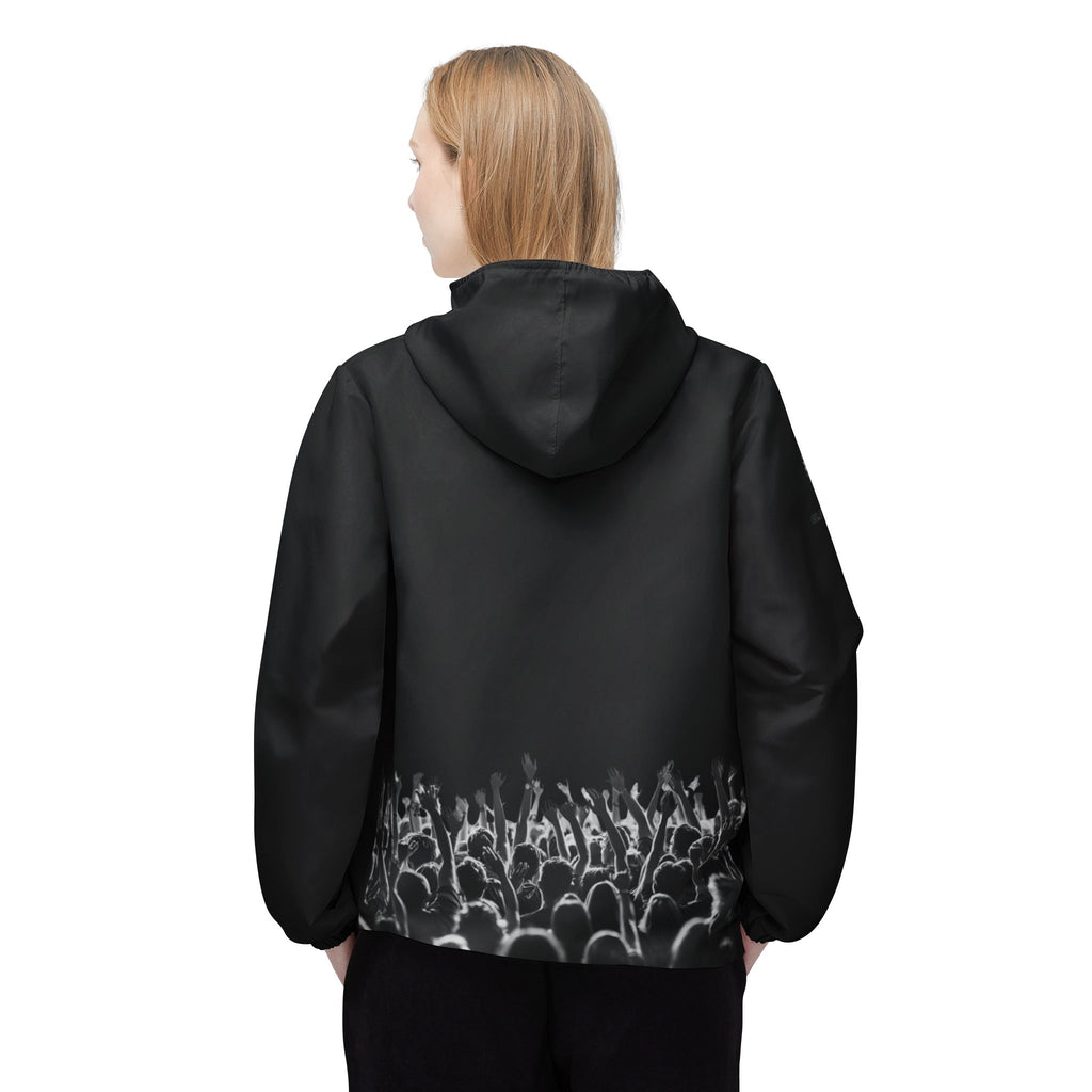 Black Graphic Debut Windbreaker Jacket — Elevator33 Logo, Cheering Crowd Back Print