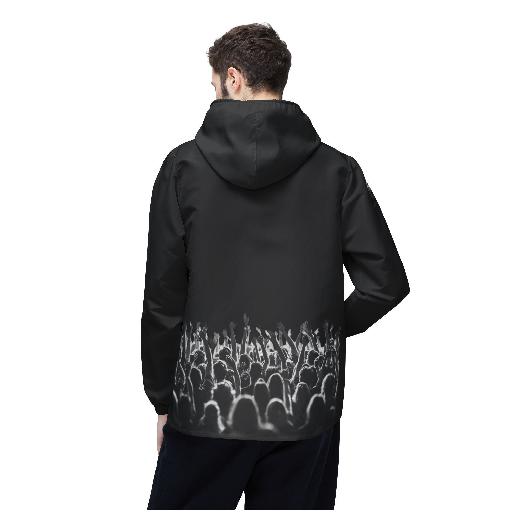 Black Graphic Debut Windbreaker Jacket — Elevator33 Logo, Cheering Crowd Back Print