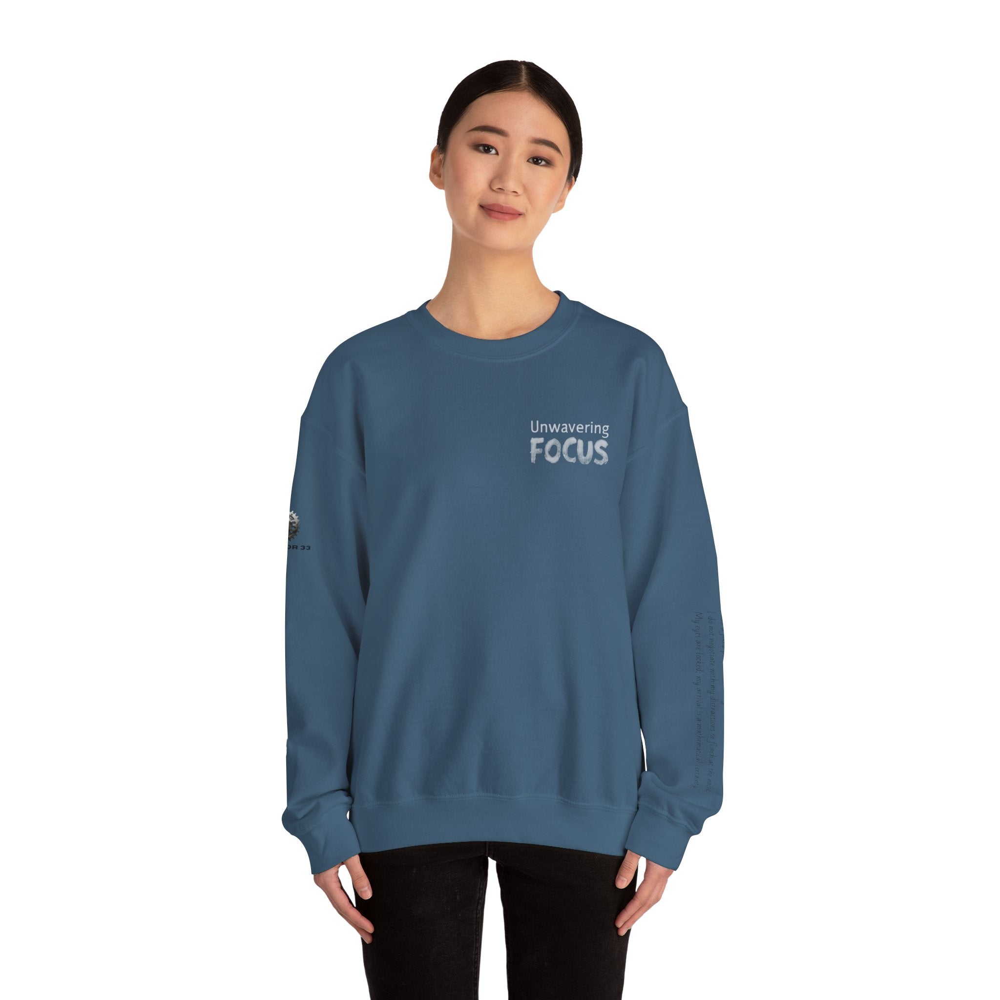 “Unwavering Focus” Crewneck Sweatshirt- Sleeve Print Affirmation